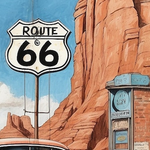 以下が含まれることがあります： クロムのバンパーとグリルが付いたオレンジ色のビンテージカーが、埃っぽい道路に駐車されています。背景にはルート66の標識が見えます。車は、赤いガソリン缶やタバコの箱など、瓦礫に囲まれています。