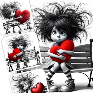 12 cliparts lunatiques fille insolites - filles sur un banc tenant coeur rouge peluche coussin JPG, 300 DPI pour usage personnel et commercial