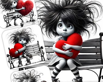 12 Whimsical Quirky Girl Clipart - Girls on Bench Holding Red Heart Plushie Pillow JPG'S, 300 DPI for Personal and Commercial Use