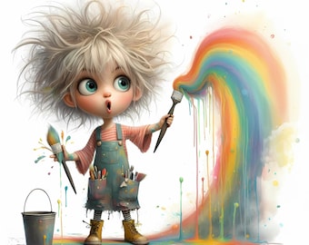 12 Quirky Girl Clipart, Commercial Use, Cute Whimsical Girl, 300 DPI JPGs, Instant Download, Rainbow Painting, Junk Journal Clip Art