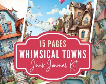 Whimsical Town Junk Journal Pages, Printable Cityscapes (Digital Download)