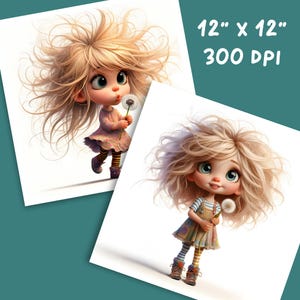 May include: Two prints of a cartoon girl with blonde, messy hair holding a dandelion. The girl wears a pink dress and striped leggings in one print, and a striped shirt and overalls in the other. Text on the print reads "12" x 12" 300 DPI".