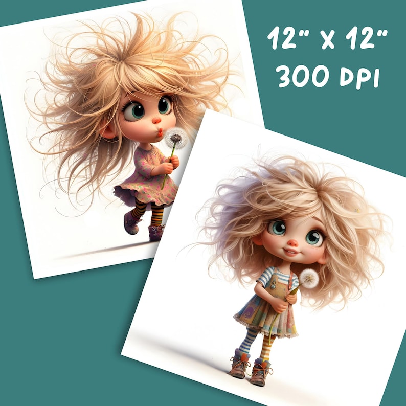 May include: Two prints of a cartoon girl with blonde, messy hair holding a dandelion. The girl wears a pink dress and striped leggings in one print, and a striped shirt and overalls in the other. Text on the print reads "12" x 12" 300 DPI".