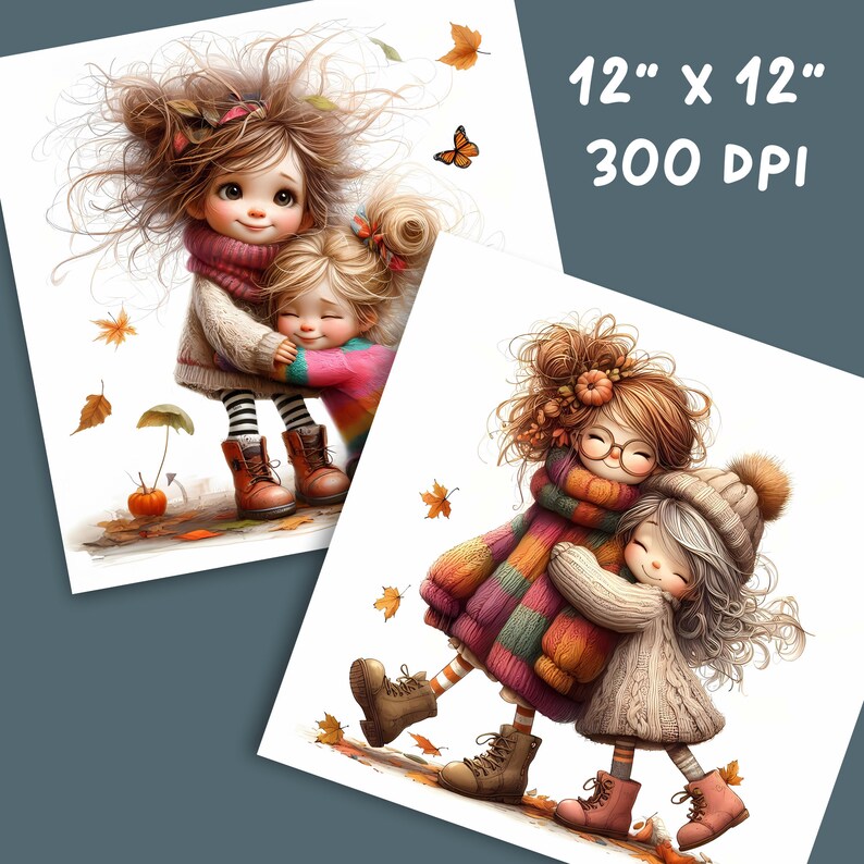 May include: Two girls with long brown hair are hugging each other. They are wearing warm winter clothes and are surrounded by autumn leaves. The image is 12 inches by 12 inches and 300 DPI.