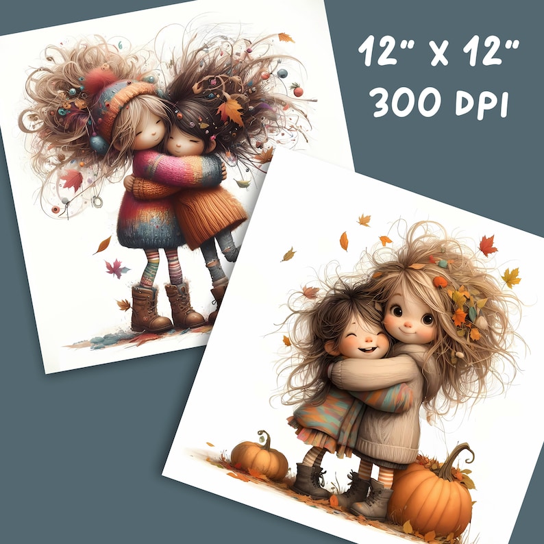 May include: Two girls with long, curly hair are hugging each other. They are wearing fall-themed clothing and are surrounded by autumn leaves. The girls are standing in front of a white background. 12" x 12" 300 DPI