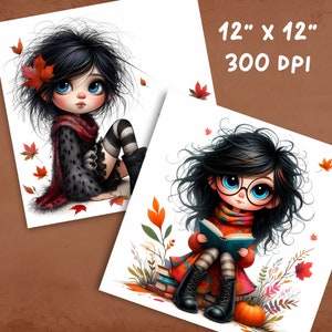 May include: Two digital illustrations of girls with long black hair. The girl on the left is wearing a red scarf, a black and white polka dot dress, and black and white striped stockings. She is holding a red maple leaf. The girl on the right is wearing a red and orange dress, black and white striped stockings, and round glasses. She is sitting on a stack of books and holding a blue book. Both girls are surrounded by fall leaves.