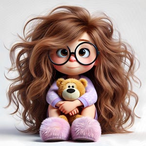 Könnte beinhalten: Ein Cartoon-Mädchen mit langen braunen Haaren, das eine Brille und ein lila-weißes Schlafanzug-Oberteil trägt, hält einen braunen Teddybären. Sie trägt rosa flauschige Hausschuhe.
