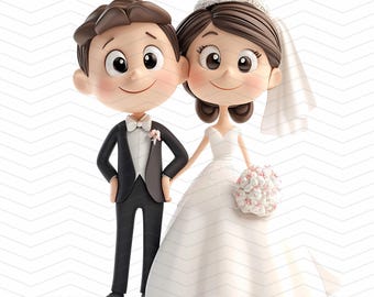 Whimsical Wedding Couple Clipart: Cartoon Bride and Groom (PNG, Digital Download)