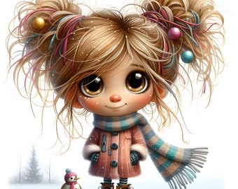 Quirky Girl Clipart, Commercial Use, Cute Whimsical Girl, 300 DPI JPGs, Instant Download, Cute Doll, DIY Journal, Winter Clip art