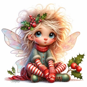 May include: A fairy with blonde hair and wings sits with her legs crossed. She is wearing a blue sweater, red and white striped pants, and red mittens. She has a holly wreath in her hair and a red scarf around her neck. There is a holly sprig with red berries in the background.