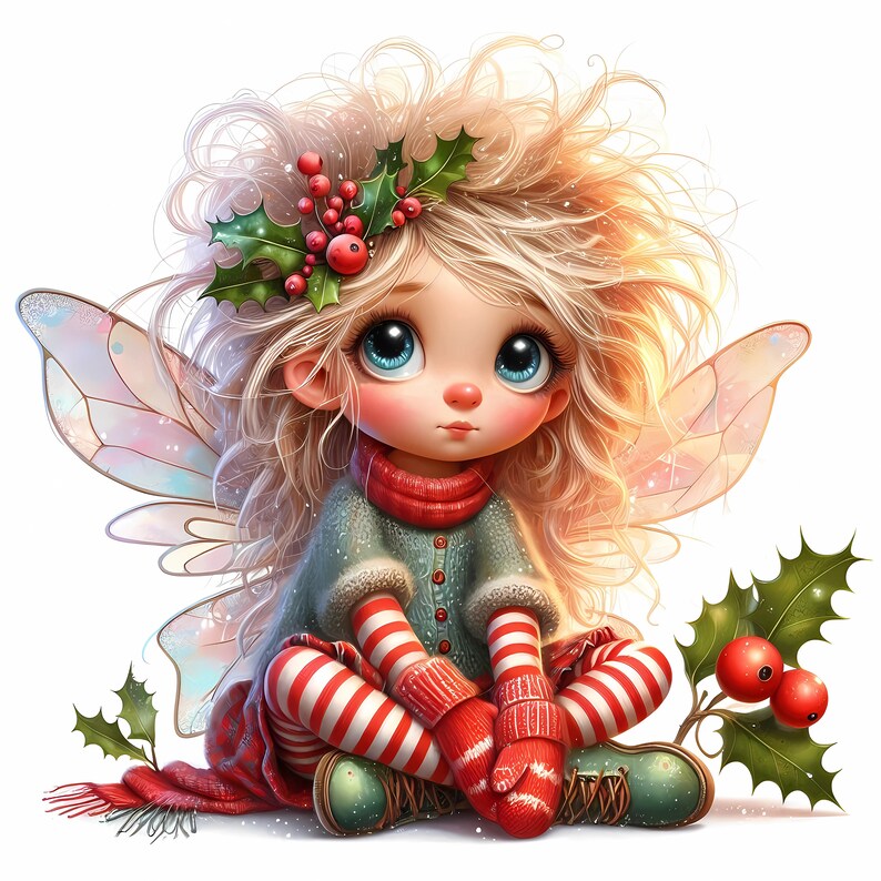 May include: A fairy with blonde hair and wings sits with her legs crossed. She is wearing a blue sweater, red and white striped pants, and red mittens. She has a holly wreath in her hair and a red scarf around her neck. There is a holly sprig with red berries in the background.