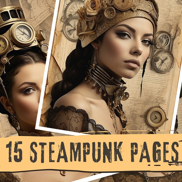 Steampunk Digital Papers, Printable Grunge Steampunk Woman, Steampunk Girl, Victorian Lady, Steampunk Junk Journal Kit