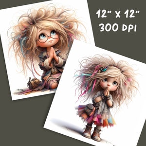 May include: Two digital illustrations of girls with long, blonde hair and big eyes. Both girls are wearing colorful clothing and have a whimsical, cartoonish style. The image is 12 inches by 12 inches and 300 DPI.
