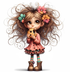 Quirky Cookie Lover Clip art, kommerzielle Nutzung, Quirky Girl, 10x300 DPI JPGs, Sofort Download, wunderliche Frau isst Kekse