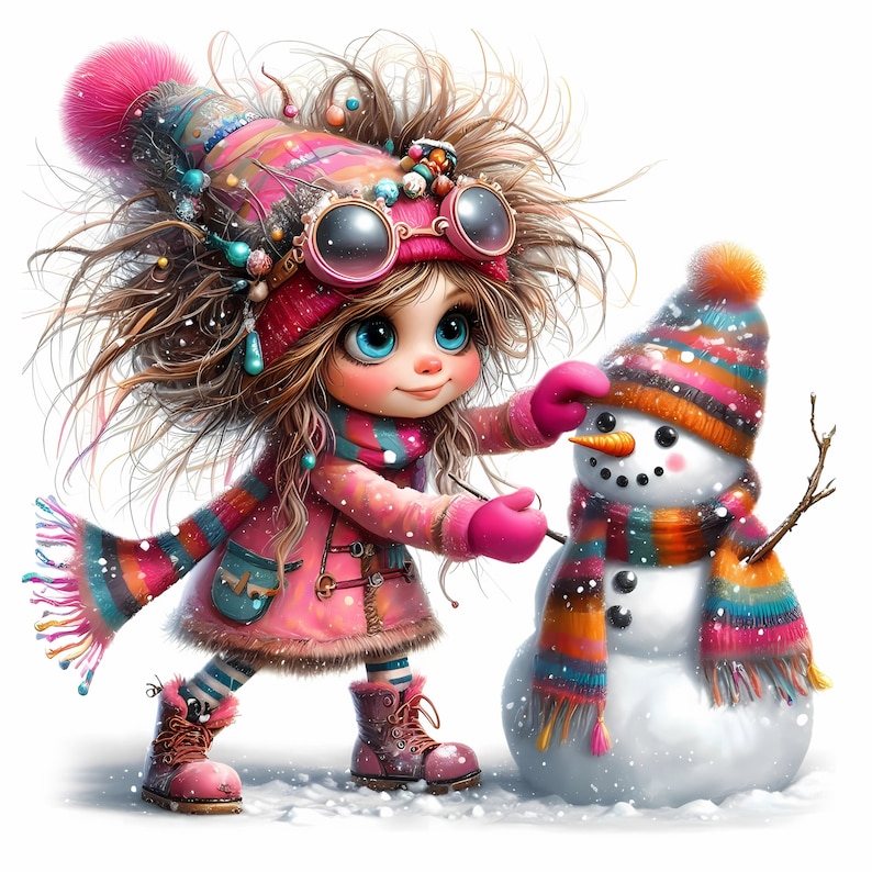 May include: A whimsical illustration of a girl with pink and brown hair wearing a pink and blue winter hat and a pink coat, building a snowman with a colorful scarf. The snowman is wearing a striped hat and has a carrot nose.