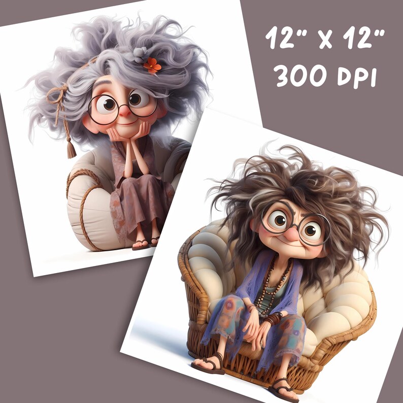 May include: Two digital illustrations of women with gray and brown hair, wearing glasses and sitting in chairs. The woman on the left is wearing a long, brown dress and has a flower in her hair. The woman on the right is wearing a purple shirt and a colorful skirt. The text "12" x 12" 300 DPI" is in the top right corner of the image.