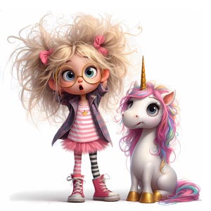 12 wunderliche Mädchen Clipart - Mädchen mit Einhörnern posieren JPG Bilder 300 DPI für den persönlichen und kommerziellen Gebrauch