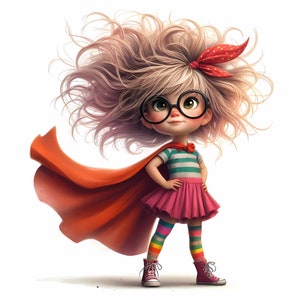 Imágenes prediseñadas de una superheroína extravagante y caprichosa, uso comercial, superhéroe lindo y extravagante, archivos JPG de 300 DPI, descarga instantánea, imágenes prediseñadas de superhéroe