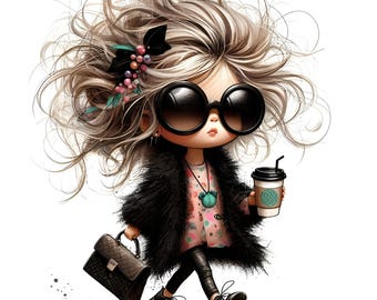 12 Whimsical Coffee Girl Clipart JPGs, Coffee Lover Art, Commercial Use