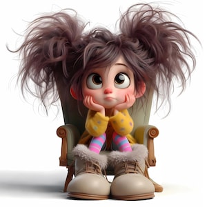 Puede incluir: Una niña de dibujos animados con el pelo marrón en coletas está sentada en un sillón de peluche. Lleva un jersey amarillo con rayas rosas y azules en los pantalones y botas blancas con ribete de piel.
