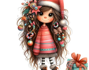 10 Quirky Girl Clipart, Commercial Use, Cute Whimsical Girl, 300 DPI JPGs, Instant Download, Whimsical Christmas, DIY Card, Xmas Clipart