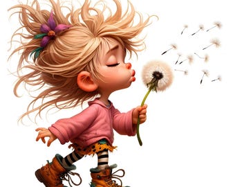 Whimsical Girl with Dandelions Clipart: Commercial Use (Digital Download)