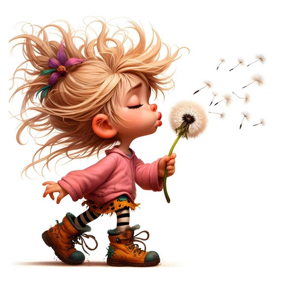 Whimsical Girl with Dandelions Clipart: Commercial Use (Digital Download)