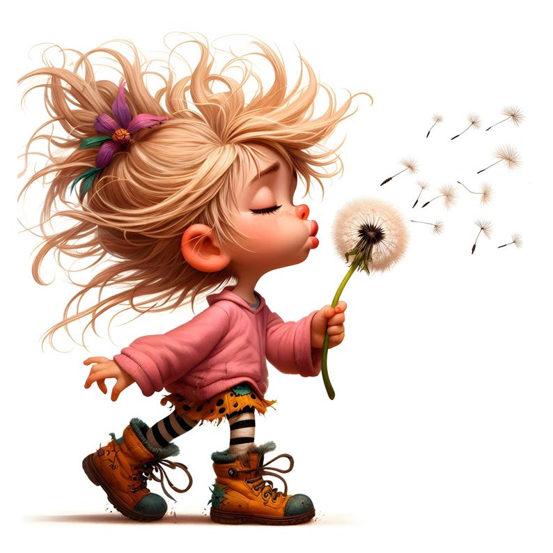 May include: A cartoon illustration of a young child blowing dandelion seeds. The child has blonde hair, a pink top, and orange boots. A purple flower is in the child's hair. The background is white.