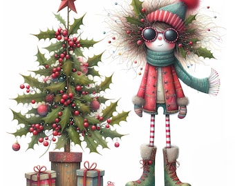 Whimsical Christmas Girl Clipart, JPGs, Commercial Use (Instant Download)