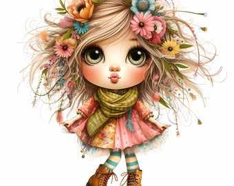 Quirky Girl Clipart, Commercial Use, Cute Whimsical Girl, 10x300 DPI JPGs, Instant Download, Cute Doll, DIY Journal, Blonde Girl Clip Art