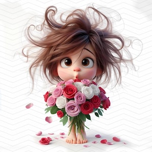 Whimsical Rose Bouquet Girls Clipart – 10 JPG Illustrations on White Background, JPG Images 300 DPI for Personal and Commercial Use