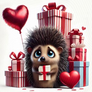 May include: A cartoon hedgehog with large blue eyes holds a small gift box with a red ribbon. A red heart-shaped balloon floats nearby. Several wrapped gift boxes with red ribbons and a red heart are also present, creating a festive scene.