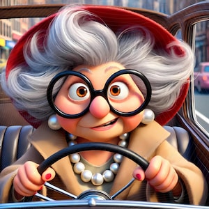 12 cliparts fantaisistes de grand-mère - grand-mère conduisant une voiture ancienne dans une rue animée JPG Images 300 DPI, usage personnel et commercial