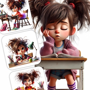 12 wunderliche Mädchen Clipart - Mädchen sitzen an der Schulbank JPG Bilder 300 DPI, persönlichen und kommerziellen Gebrauch