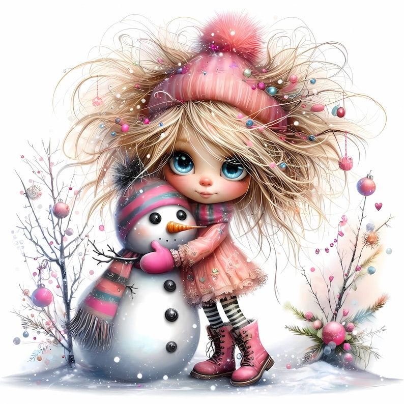 May include: A cute cartoon girl with blonde hair and pink clothing is hugging a snowman. The girl is wearing a pink hat with a white pom-pom and a pink scarf. The snowman is wearing a blue and white striped scarf and a pink hat. The background is a snowy winter scene with trees and ornaments.