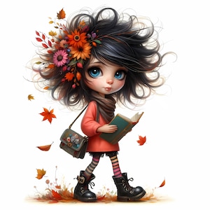 15 Quirky Girl Clipart, Commercial Use, Cute Whimsical Girl, 300 DPI JPGs, Instant Download, Whimsical Fall,Black Hair Girl Clipart
