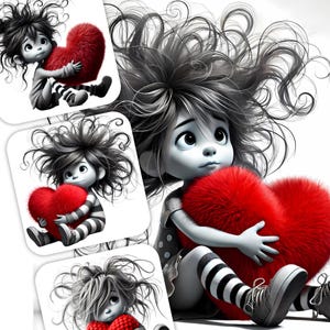 10 Wunderliche Mädchen Clipart - Schwarz - Weiß Bild mit Mädchen mit roten Kissen JPG Bilder 300 DPI, persönlichen und kommerziellen Gebrauch