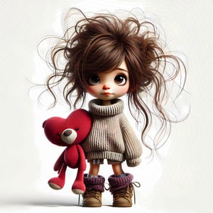 10 cliparts lunatiques de fille - filles confortables tenant des peluches JPG images 300 DPI pour un usage personnel et commercial
