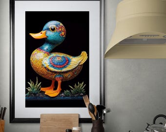 Lámina artística de pato bohemio: decoración colorida de estilo rústico (descarga digital)