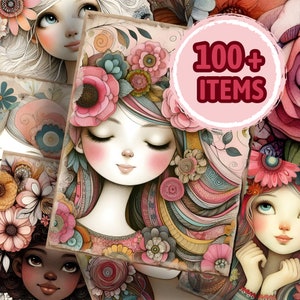 Whimsical Girls Junk Journal Seiten, wunderliche Ephemera | Skurrile Junk Journal Seiten | Junk Journal Seite | Skurriles Digitales MEGA KIT