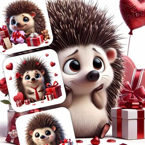 May include: A cartoon hedgehog with brown quills and a white face, surrounded by Valentine's Day gifts and heart-shaped balloons. Several square images of the hedgehog are also present, holding gifts and wearing a tie. Red and white gift boxes and rose petals are scattered around.