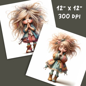 May include: Two digital illustrations of girls with long blonde hair, wearing colorful dresses and boots, with their hands clasped in prayer. The illustrations are set against a white background.