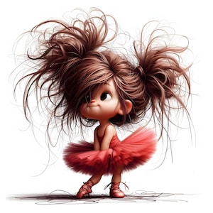 Peut inclure: Illustration de dessin anim&eacute; d'une fille avec des cheveux bruns en tresses portant un tutu rouge et des chaussures de ballet roses.