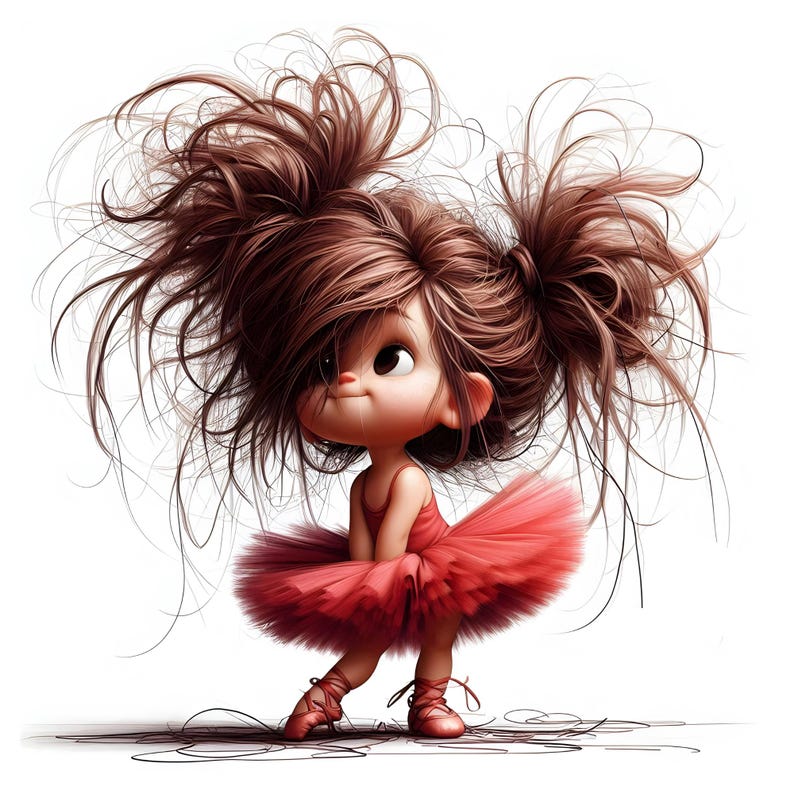 Peut inclure: Illustration de dessin anim&eacute; d'une fille avec des cheveux bruns en tresses portant un tutu rouge et des chaussures de ballet roses.