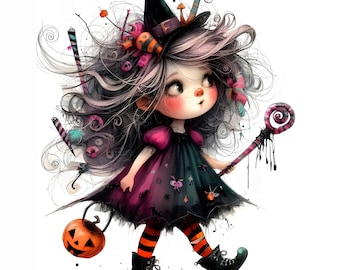 15 Halloween Witch Girl Clipart JPGs, Quirky Doll Art, Commercial Use