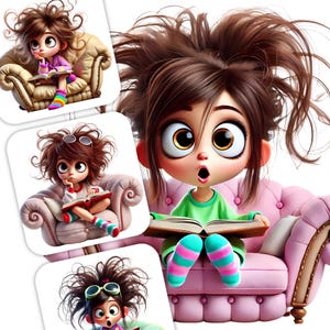 15  Quirky Girl Clipart - Girls Reading, Whimsical JPG Images 300 DPI, Personal and Commercial Use