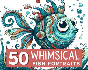 50 fantasifulla fiskporträttillustrationer, konstutskriftskit (digital nedladdning)