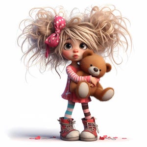 10 Whimsical Girl Clipart - Girls Holding Teddy Bears JPG Images 300 DPI for Personal and Commercial Use