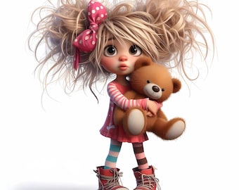 10 imágenes prediseñadas de niñas caprichosas: niñas sosteniendo ositos de peluche Imágenes JPG 300 DPI para uso personal y comercial