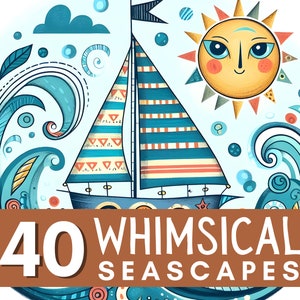 Digital Kit, 40 Whimsical Seascape Illustrations, Digital Art Printable Kit, Instant Digital Download Whimsical Images, Digi Kit